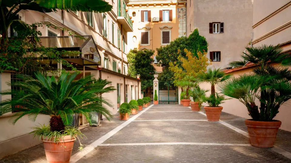 A quiet paved courtyard lined with potted palms and climbing plants, with soft-coloured Roman buildings on both sides.